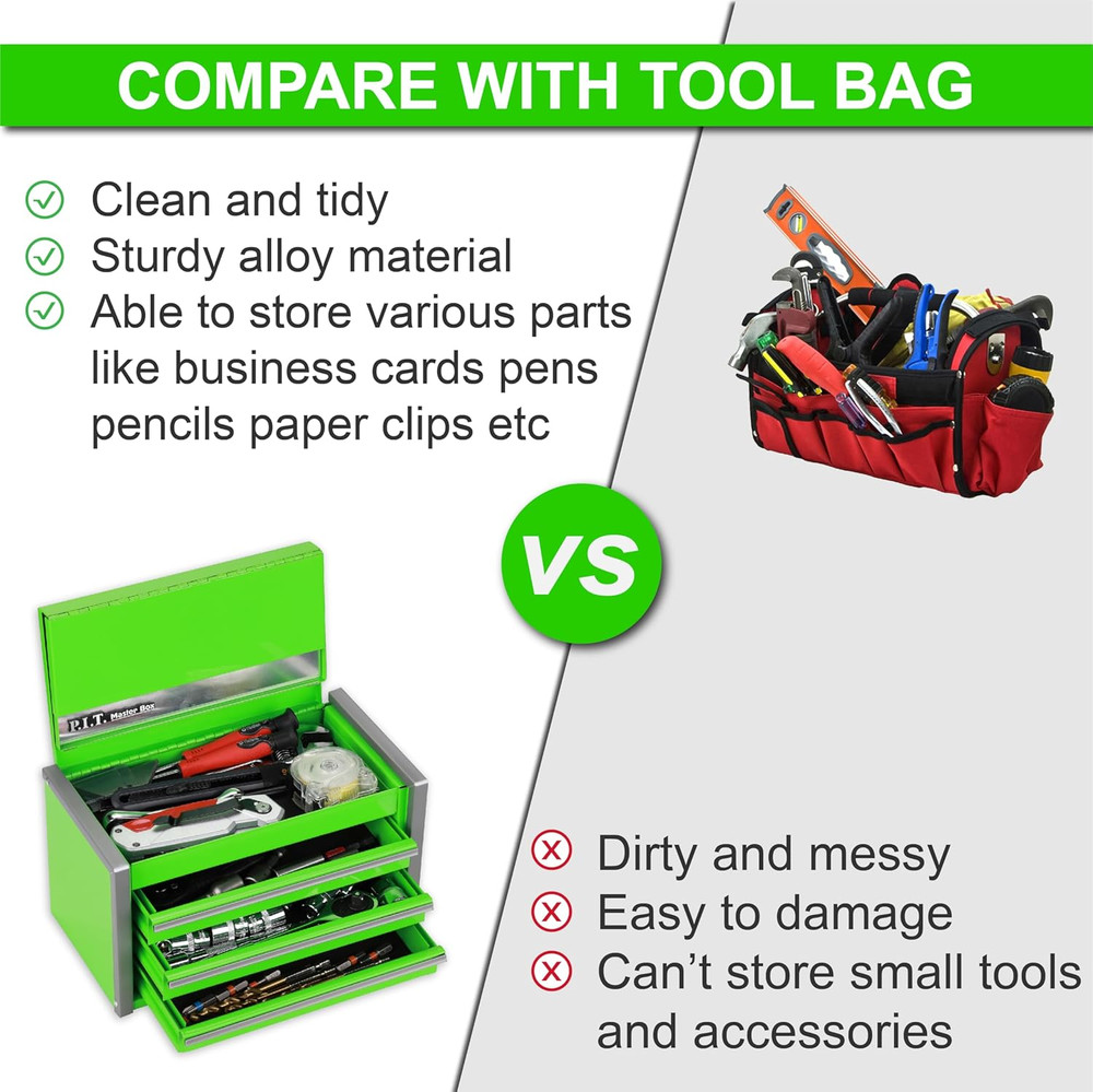 Mini Green Tool Box, Portable 3 Drawer Steel Stackable Tool Box with Magnetic Ta