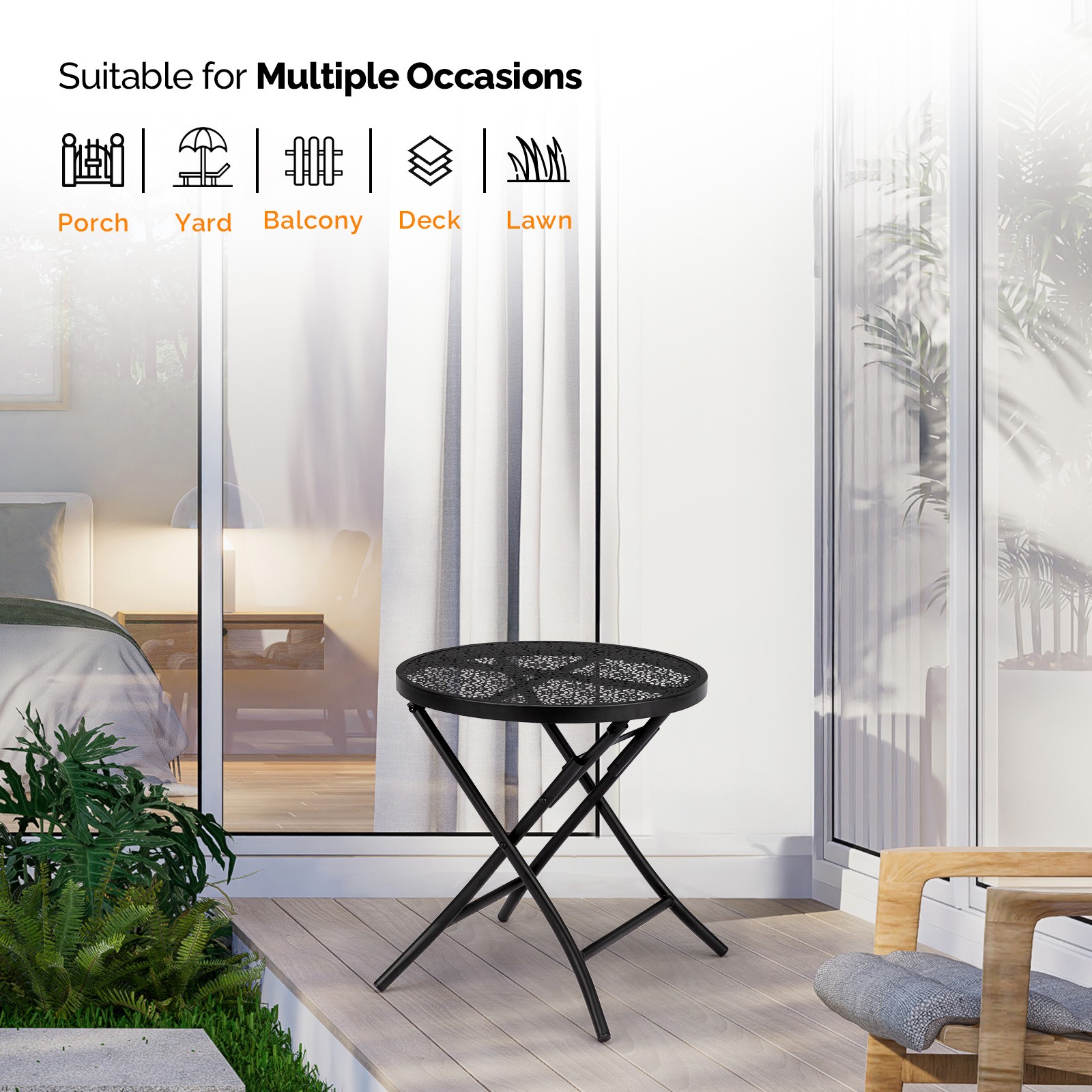 Folding Outdoor Side Table with Flower Cut Outs Weather Resistant Steel Patio