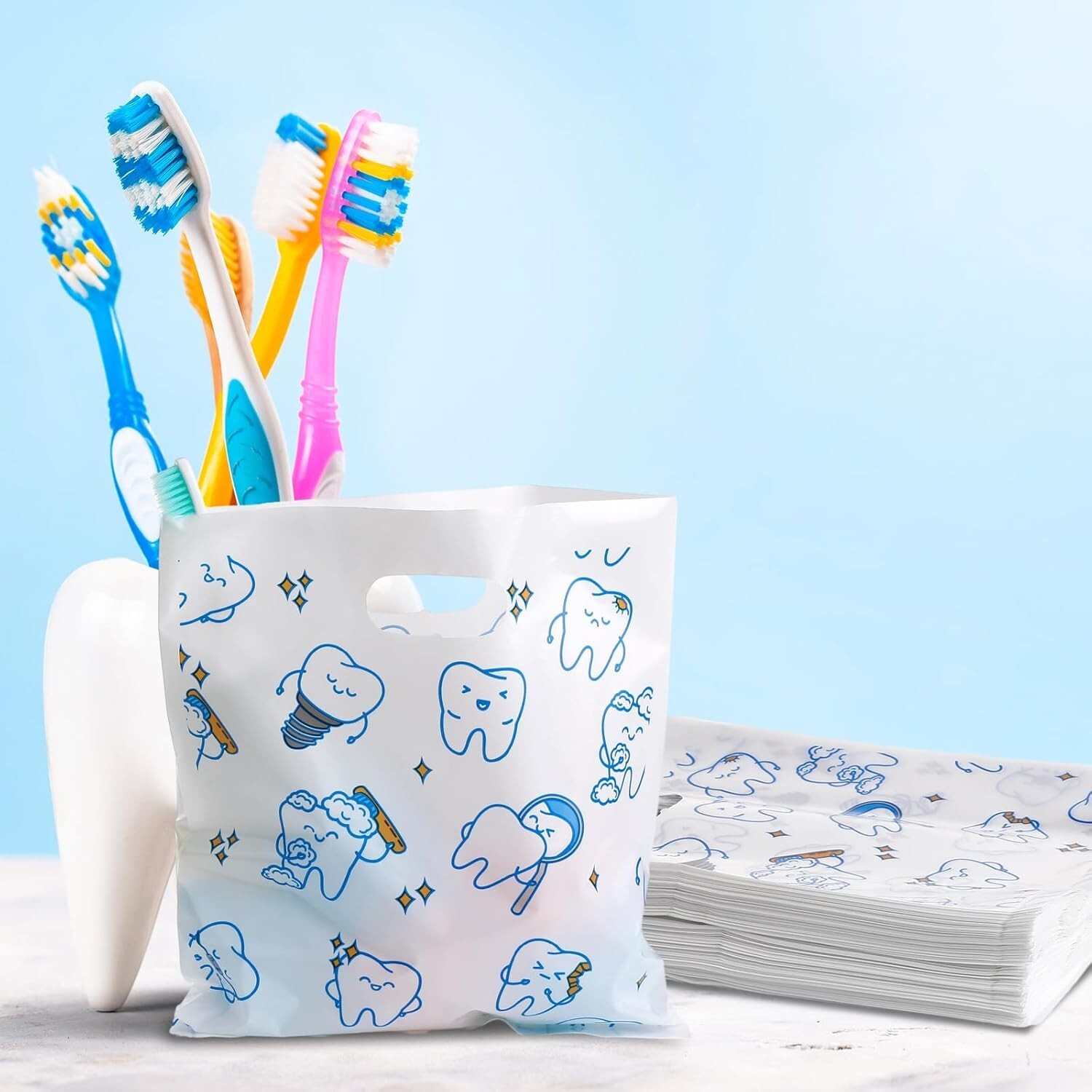 50/300 Pcs Tooth Merchandise Bags with Handles Plastic Dental Bags for Patients