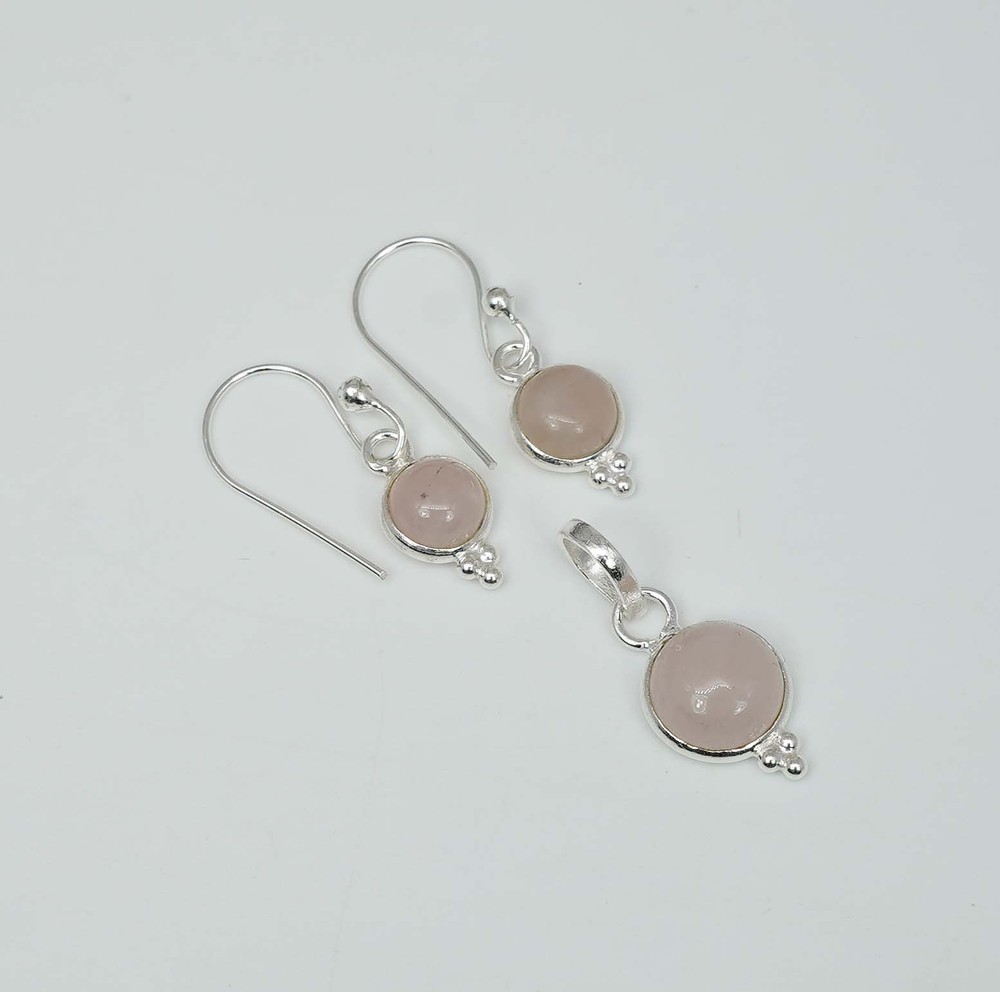925 Solid Sterling Silver Pink Rose Quartz Hook Earring Pendant Set