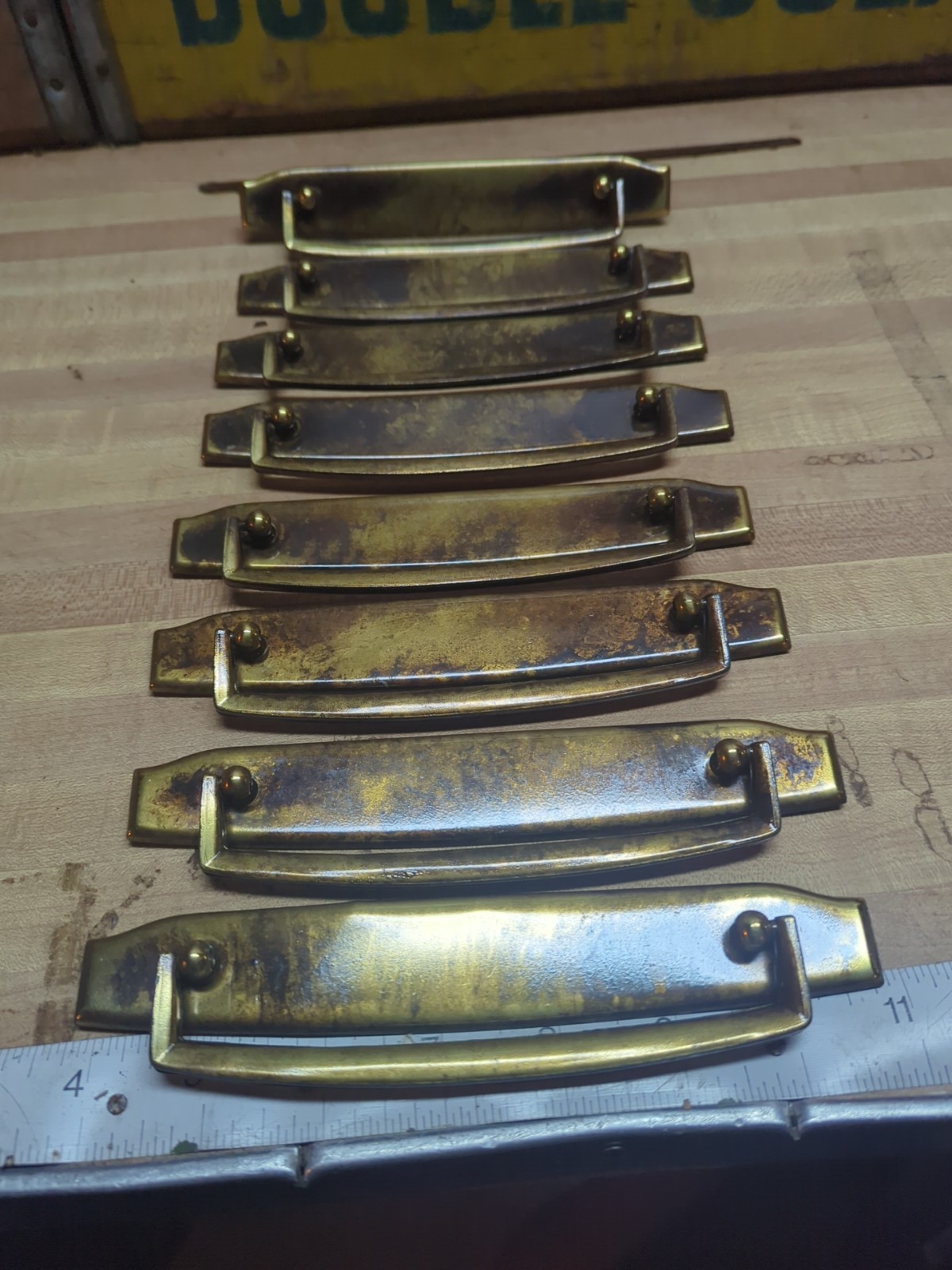 Lot of 8 Vintage Burnished Brass Drawer Pulls, 7" Long