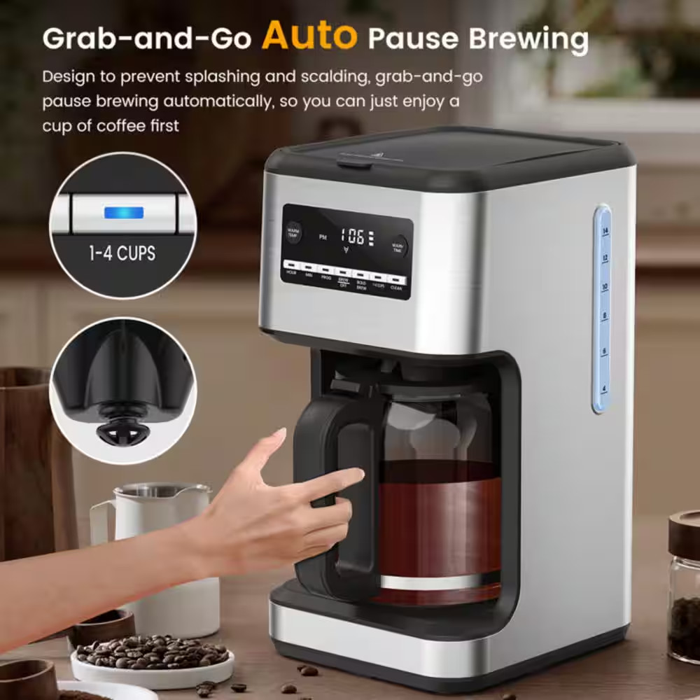 14-Cup Coffee Maker with Carafe Auto Brew Timer Stainless Silver