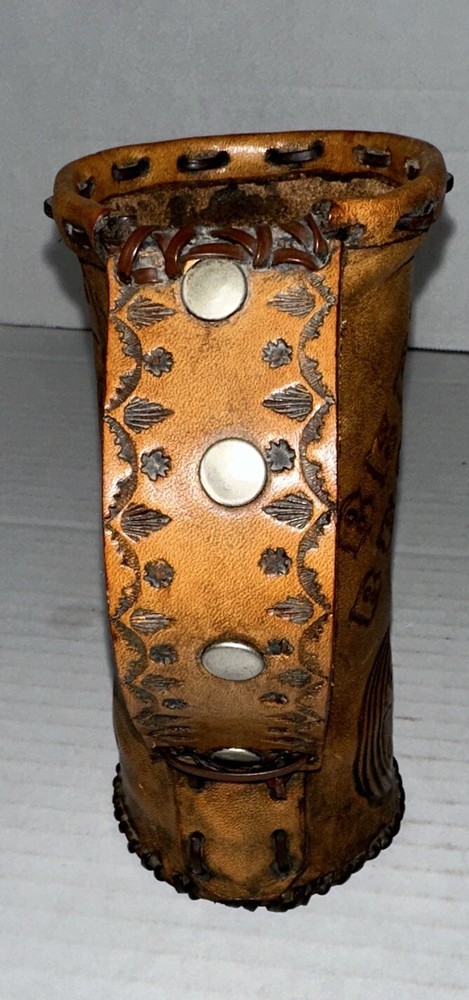 Vtg. Tooled Leather Longneck Beer Holder