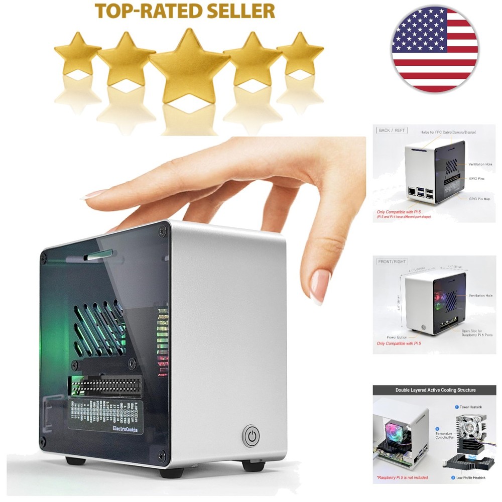 Mini Tower Case with RGB Fan for Raspberry Pi 5 - Silver