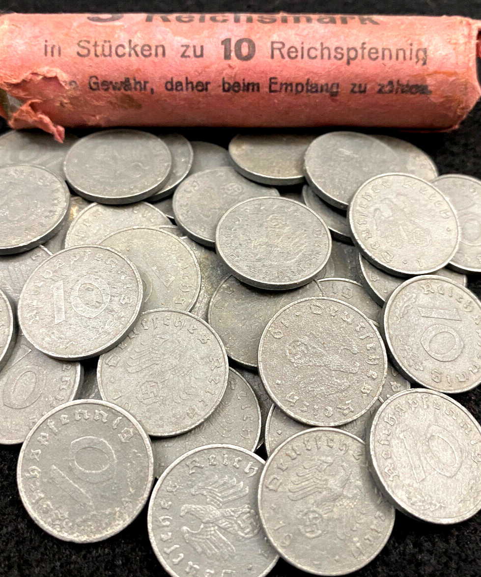 German WWII 10 Reichspfennig Zinc Coin (1940-1945) from Unopened Roll – V. RARE