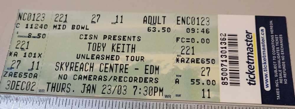 "A-11" TOBY KEITH 2002 "UNLEASHED" Edmonton, Canada Skyreach Centre TICKET