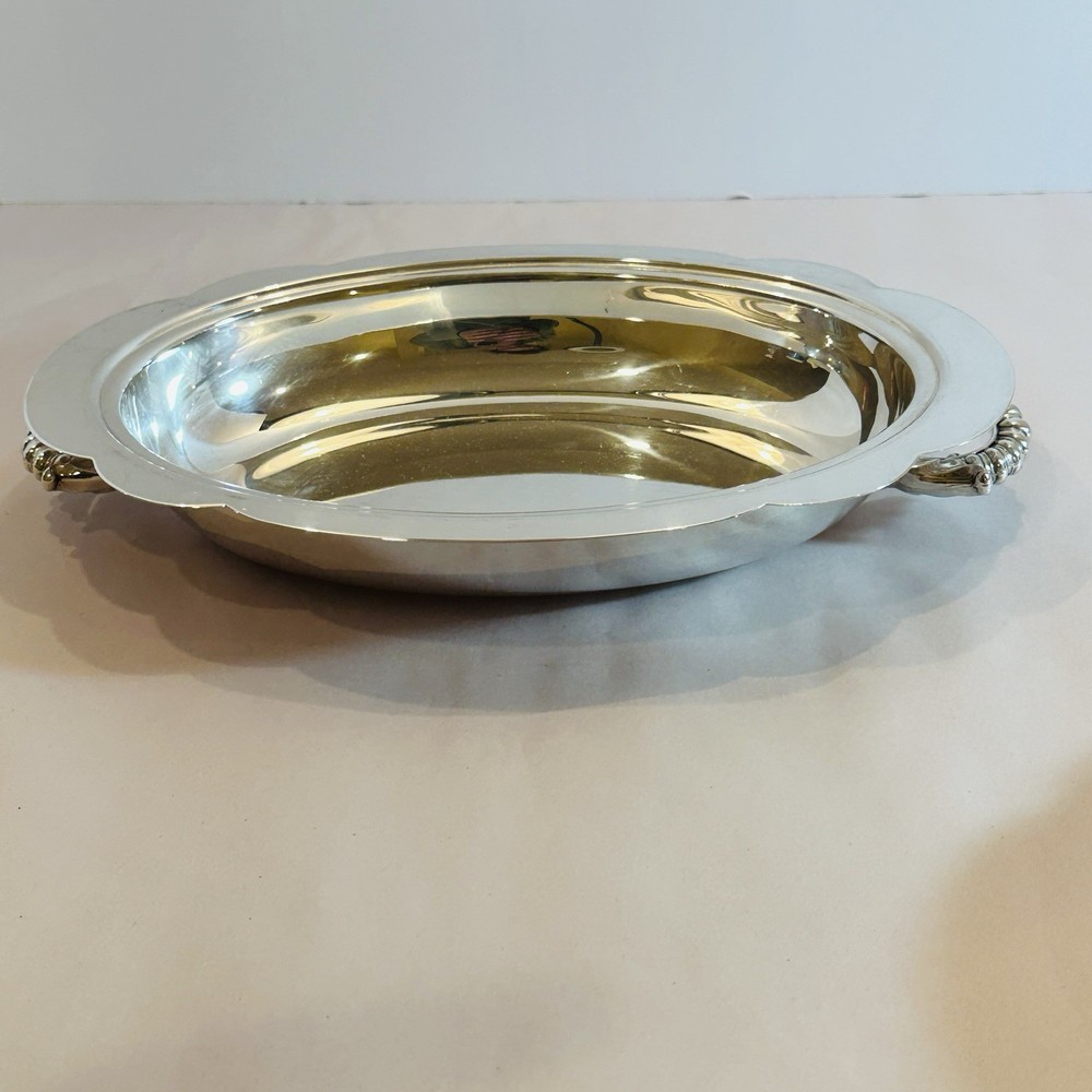 Vintage Silverplate Handled Oval Serving Bowl 11x8 Inch Scalloped Rim
