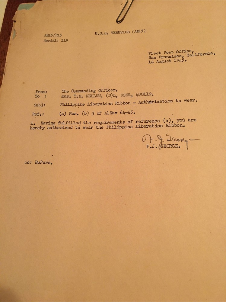 1945-46 U.S.S. VESUVIUS (AE-15) Original Papers Lot￼