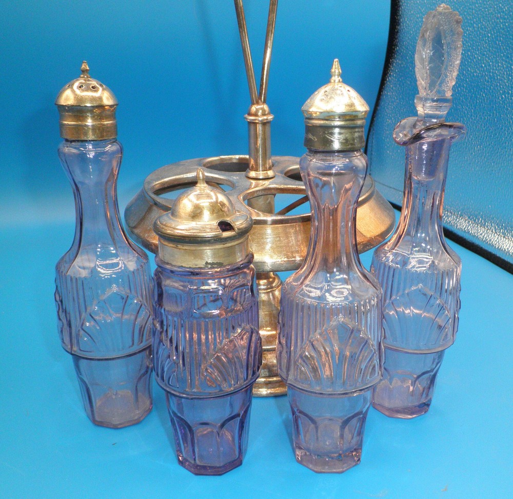 Victorian pattern glass castor bottle condiment set purple