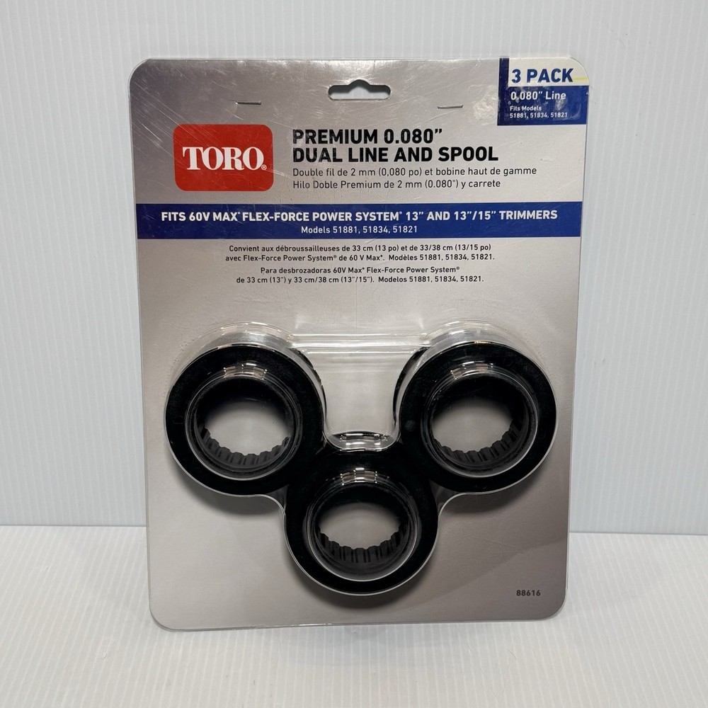 TORO 3-Pack Premium Trimmer String 0.080” Dual LINE & SPOOL For 13”/15" Trimmers