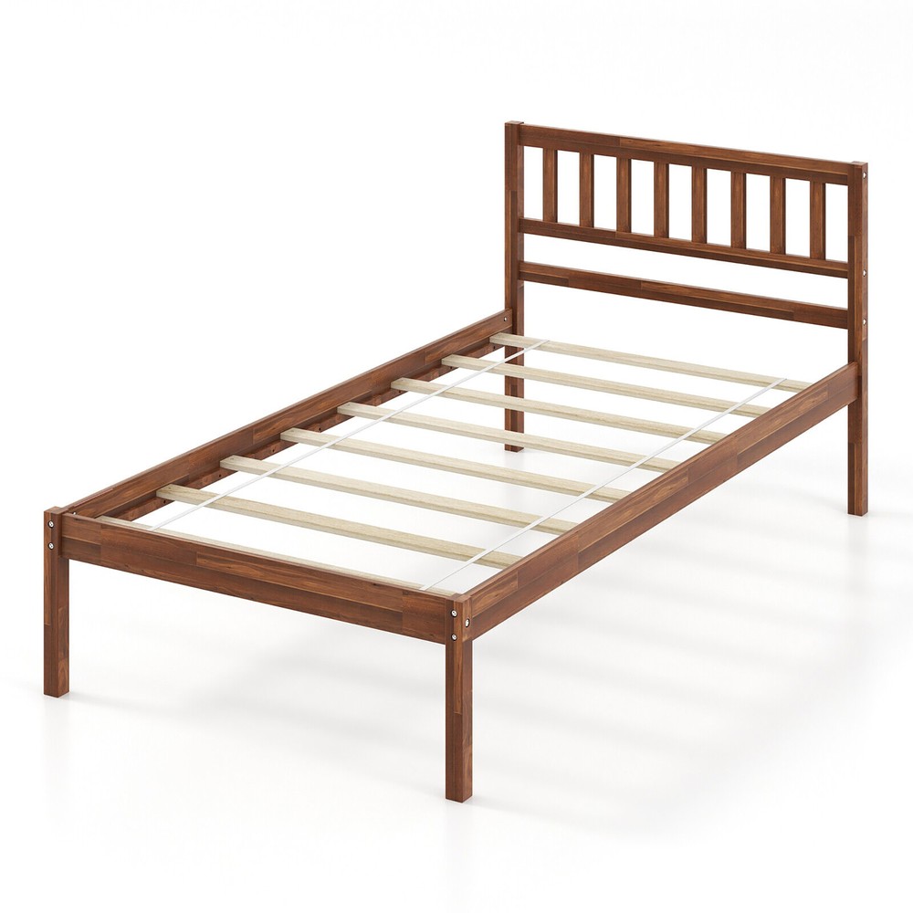 Twin Platform Bed with Headboard Solid Wood Leg Mattress Foundation Walnut