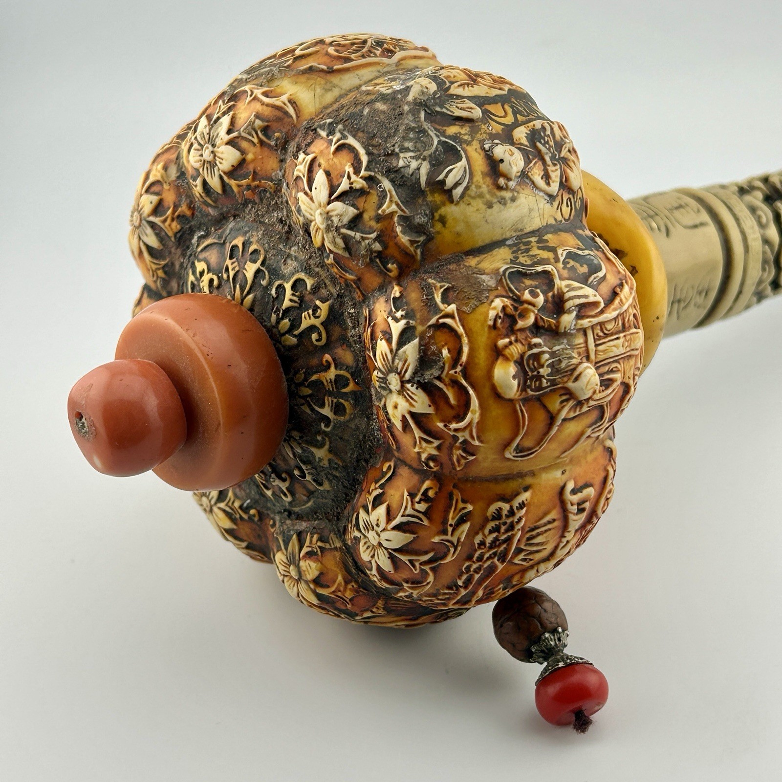 Tibetan Buddhist Prayer Wheel Resin Faux Coral, Bone, & Amber Handheld 1970s VTG