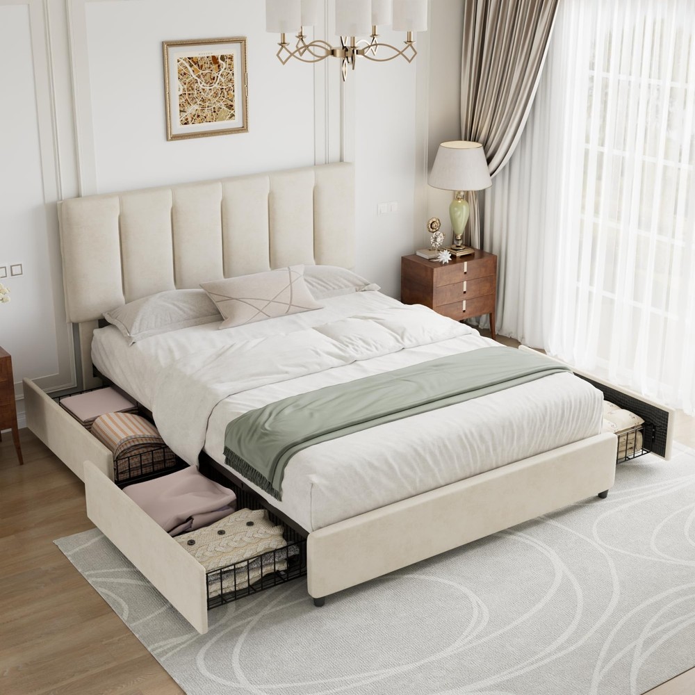 Queen Size Bed Frame with 4 Storage Drawers, Adjustable Height Headboard, Hea...