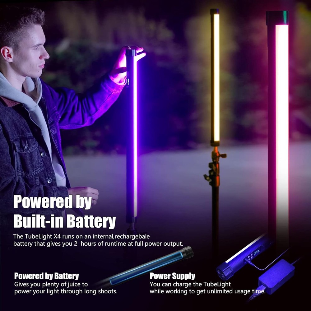 RGB Tube Video Light 4ft App Control Rechargeable Studio Light