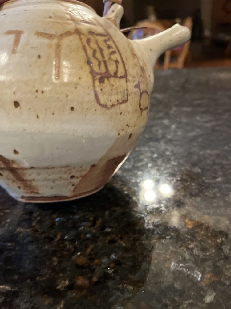 Studio Pottery Teapot with Bamboo Handle Primitive Cave Drawings