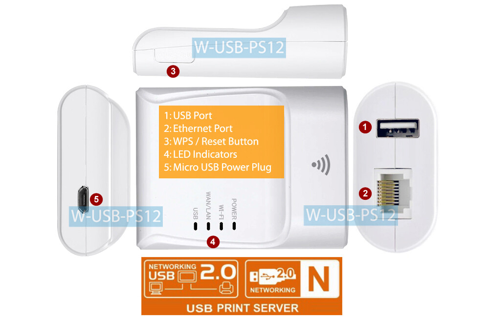 2-In-1 Printer Wi-Fi Network Adapter For Sharing USB Printers Over Network Wi-Fi