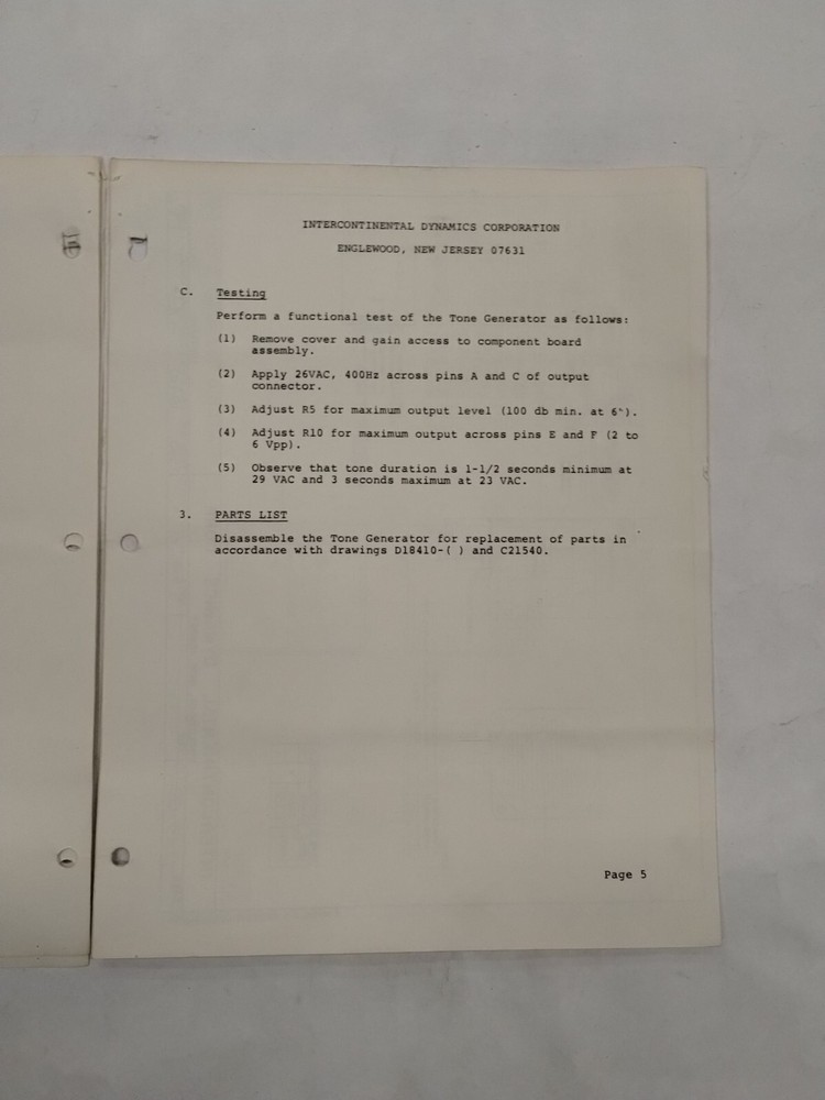Intercontinental Dynamics 940-18410 Tone Generator Operation & Service Instruct.
