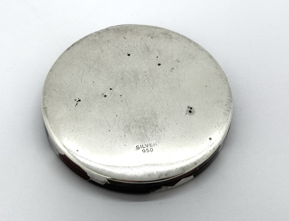 Vintage 950 grade Solid Silver Niello Compact Mirror Case - geometric pattern