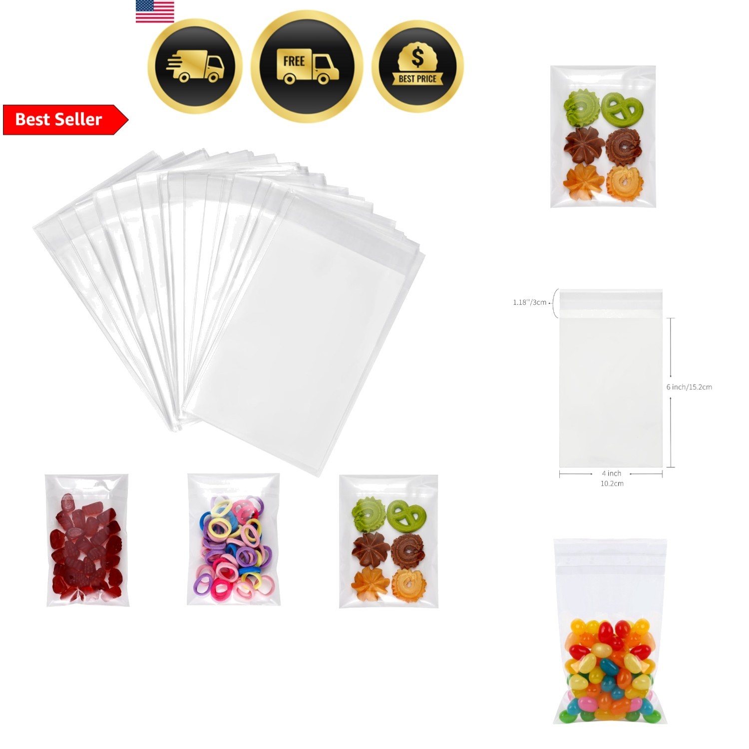 Plastic Cello Bags Clear Food Grade Self Sealing Bulk Pack of 200 4x6 Inches