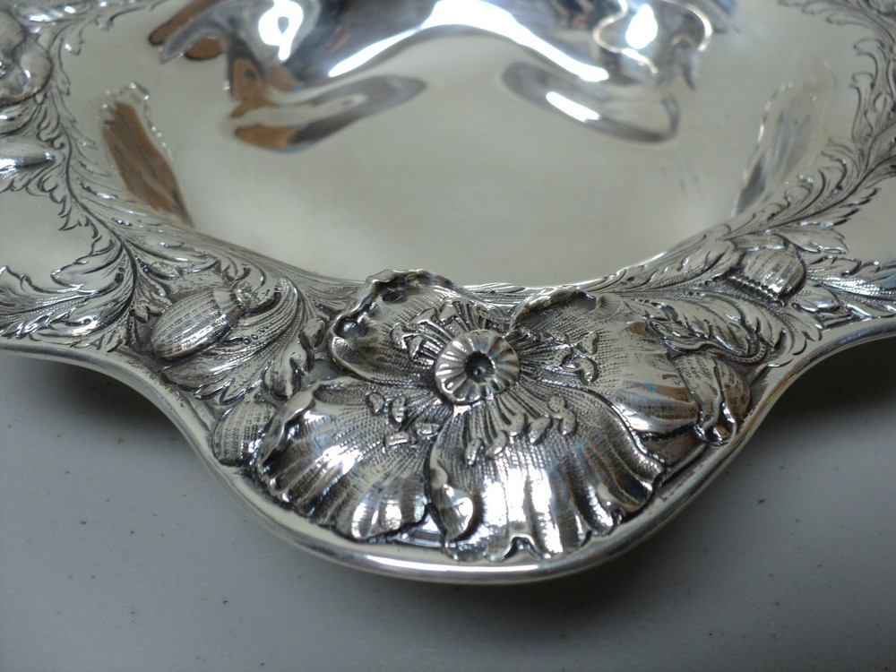 STUNNING ANTIQUE GORHAM STERLING SILVER SERVING BOWL, "POPPY" PATTERN