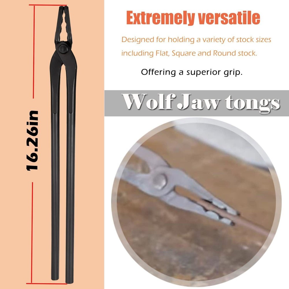 Beginner Blacksmith Tong Set Includes Flat, V Bit, Blade & Wolf Jaw Tongs 4-Pack