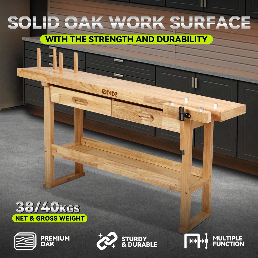 Solid Oak Wood Workbench Work Desk w/ 2 Drawers + Open Space + Adjustable Handle