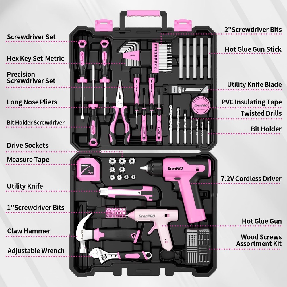 GRENPRO Pink Tool Set Drill Set, 188PCS Kit For Kit,