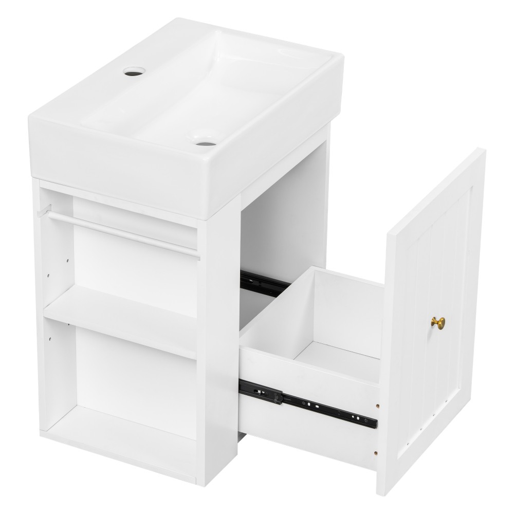 Bathroom Vanity with Ceramic Sink Includes Drawers and Side Shelves