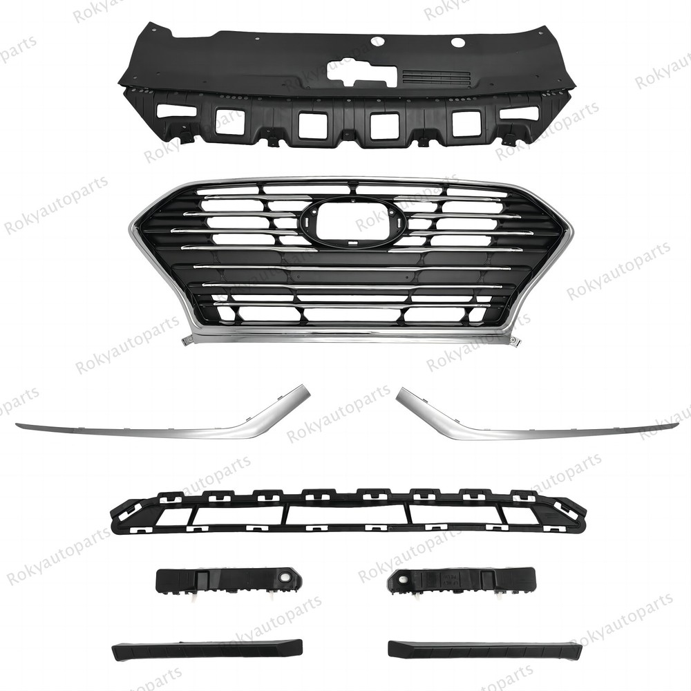 9PC For Sonata 2018-2019 Upper Lower Chrome Grille Mesh Bumper Moulding Brackets