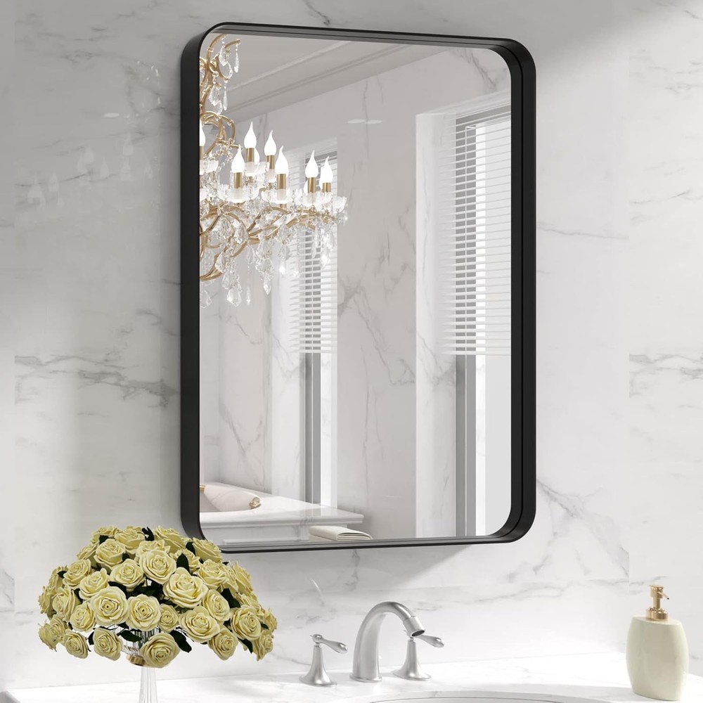 Black Metal Framed Bathroom Mirror Wall 22X30 Inch Rounded Rectangle Mirror