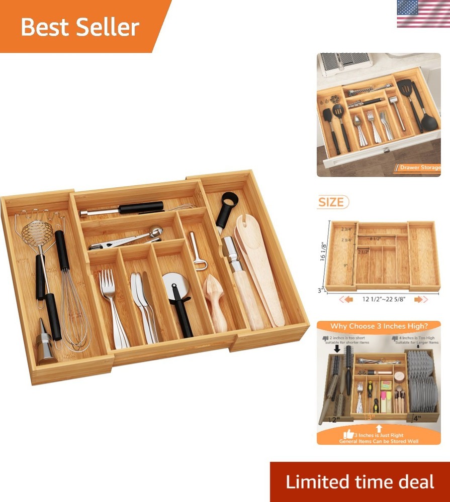 Elegant Bamboo Silverware Organizer - 3" Deep, 8-Cmp Multi-Functional Design
