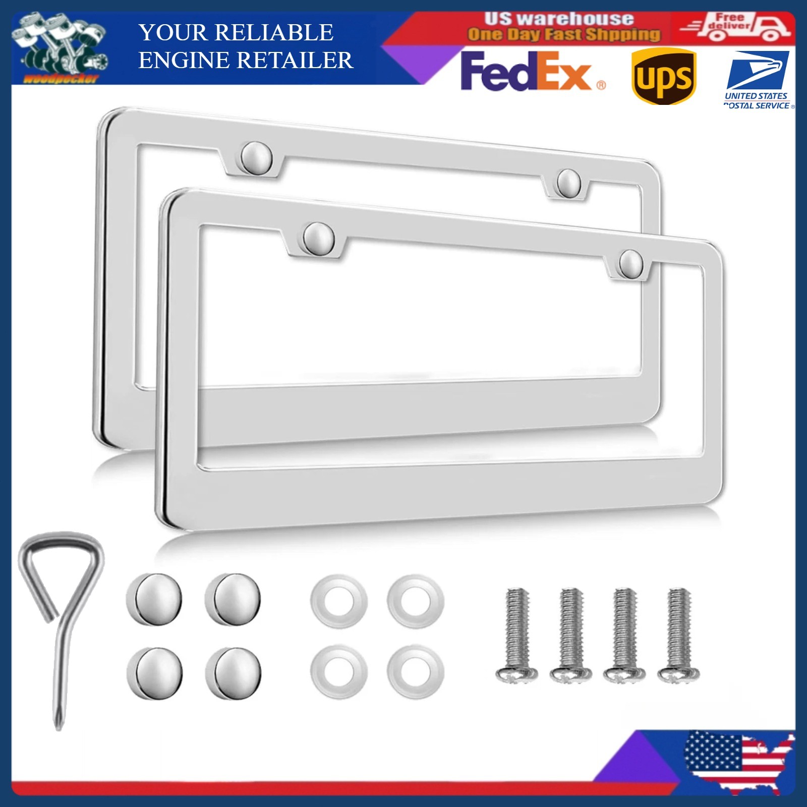 2 PCS Chrome Stainless Steel Metal License Plate Frame Tag Cover With Screw Caps
