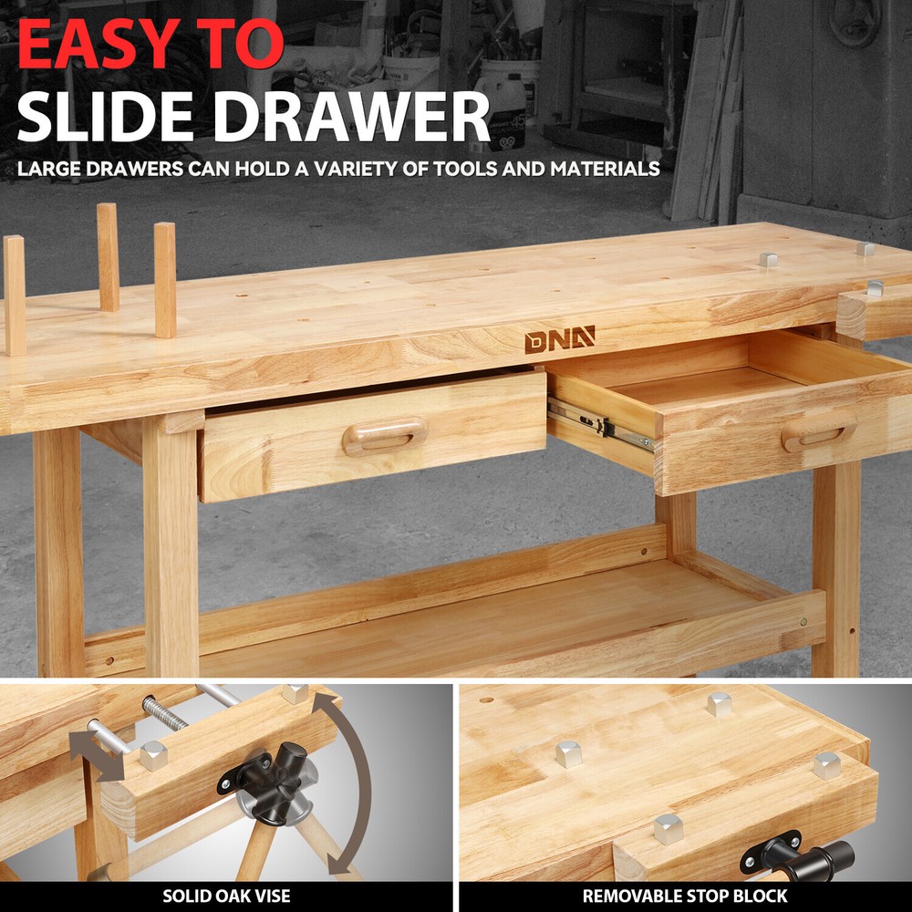 60" x 25" Heavy Duty Oak Workbench Work Table w/ 2 Drawers & Adjustable Handle
