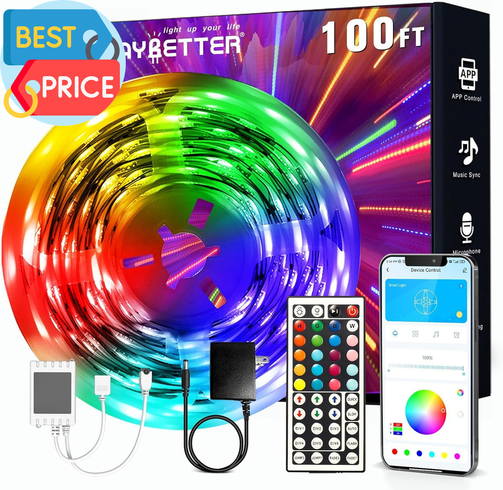 LED Strip Lights 100Ft, Smart Lighting with App Remote Control, RGB LED Lights f