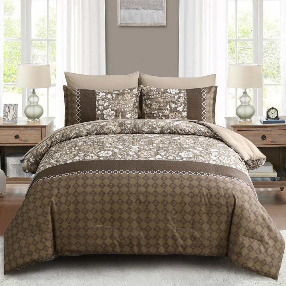 Brown Comforter Set Queen, 7 Pieces Bed in a Bag Floral Patchwork Soft Microfibe