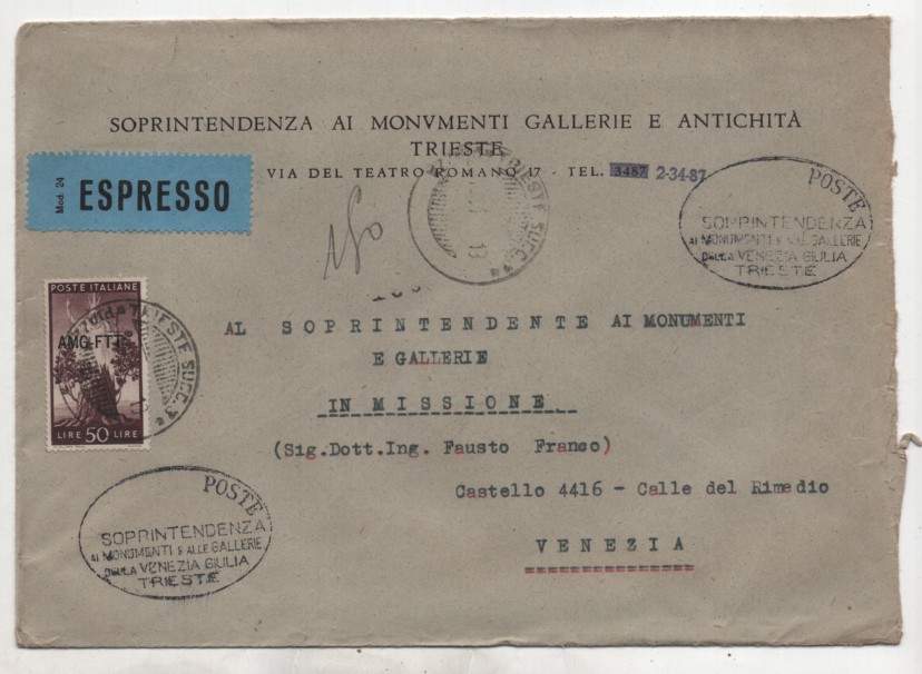 Trieste A Democratica Lire 50 isolated on envelope