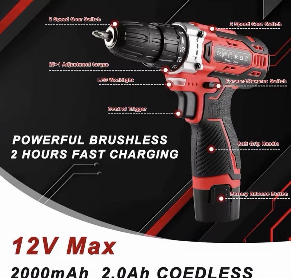 12V Brushless Cordless Drill/Driver Set, Battery, Hand Tools, Accessories, Case
