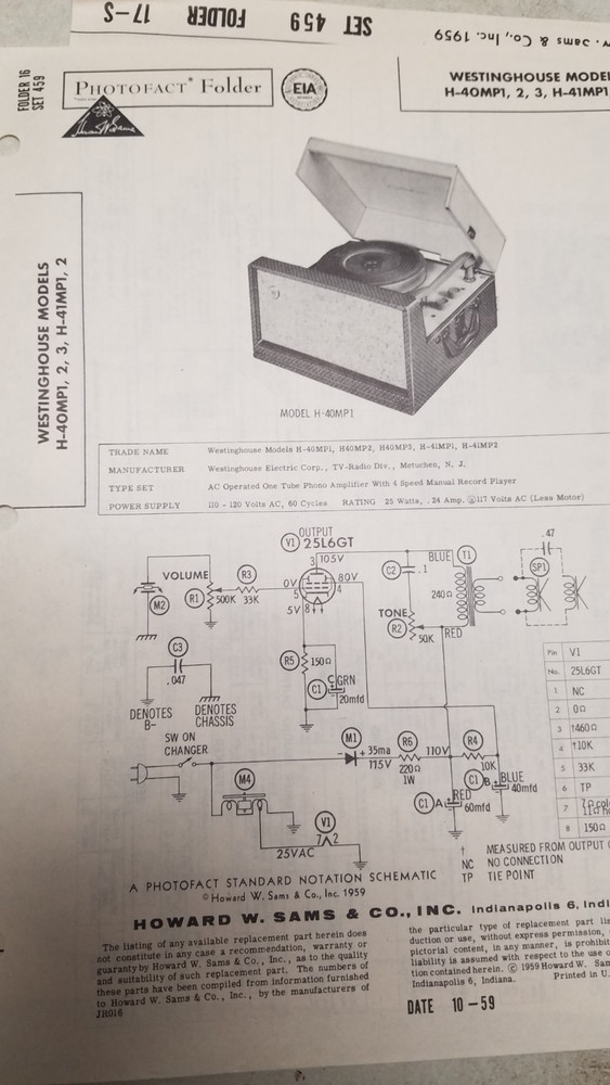 Sams Photofact Set 459 10/59 Complete Set (D)