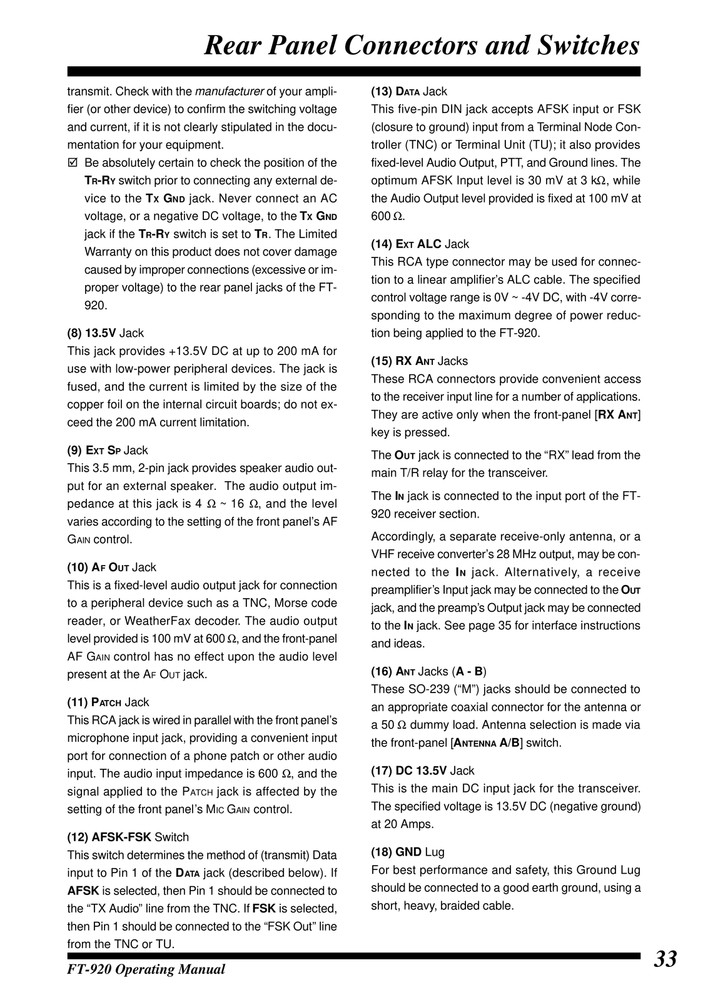 Yaesu FT-920 — OPERATING MANUAL Guide Documentation — 98 Pg — Half Size 5.5x8.5