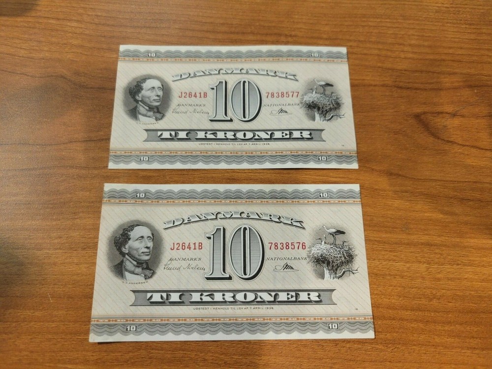 Denmark 10 Kroner 1964 Prefix J2 consecutive