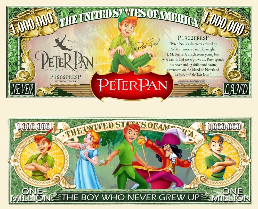 Peter Pan Million Dollar Bill Play Funny Money Novelty Note + FREE SLEEVE