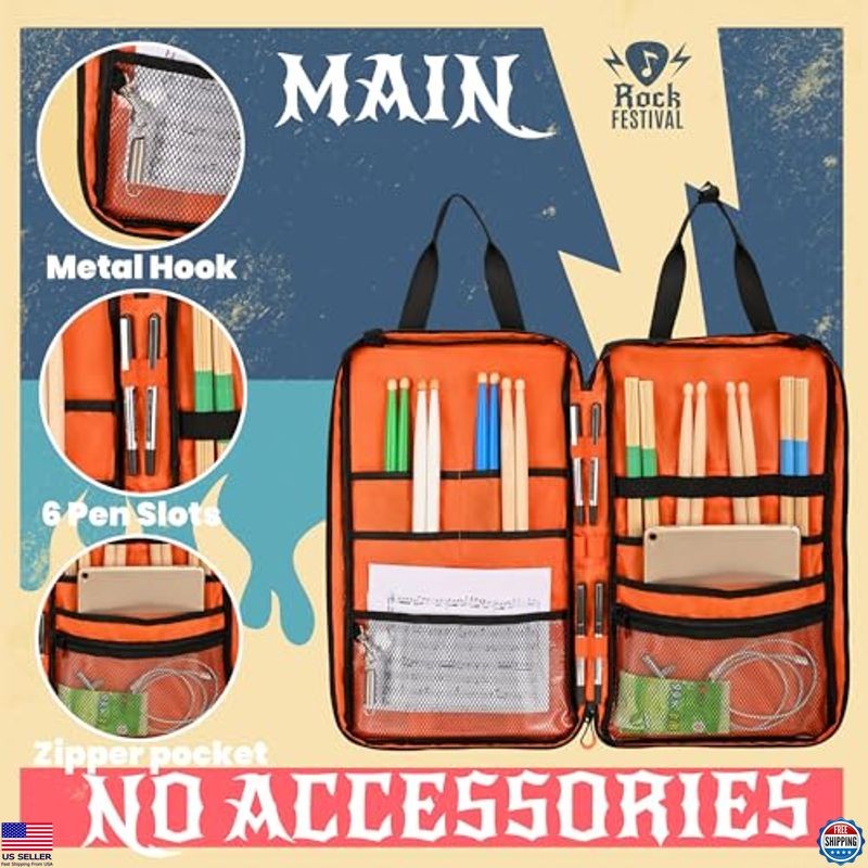 Black Drum Stick Bag with Adjustable Strap & Hooks for Mallets & Accessories
