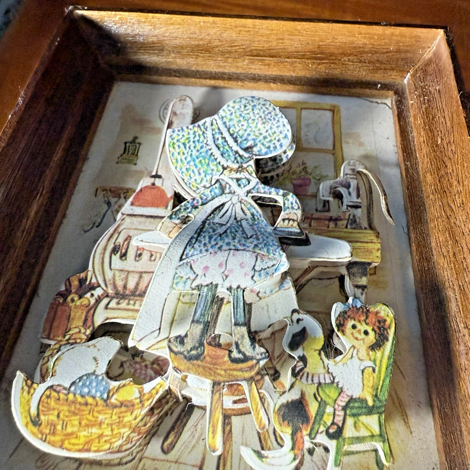 Holly Hobbie Style 3-D Art Decoupage Wooden Frame Set of 2 Christmas 1984