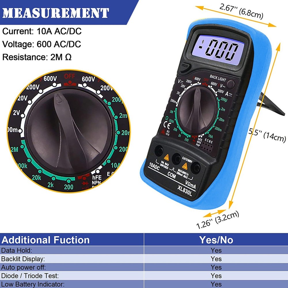 Digital Multimeter AC DC Voltmeter Ammeter Ohmmeter Volt Tester Meter 4 Probes