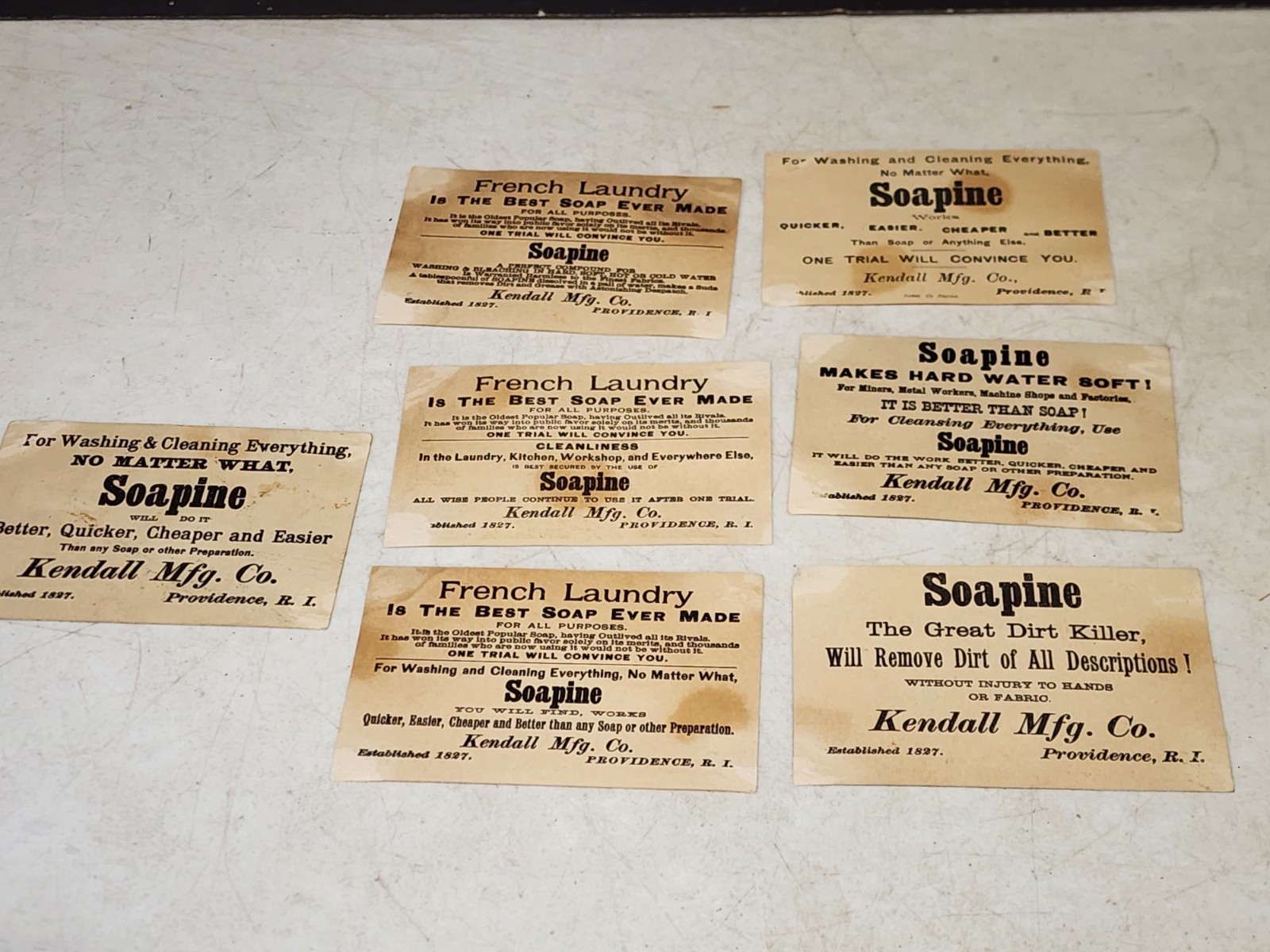 LOT OF 7- ANTIQUE VICTORIAN SOAPINE FRENCH LAUNDRY TRADE CARDS KENDALL MFG RI