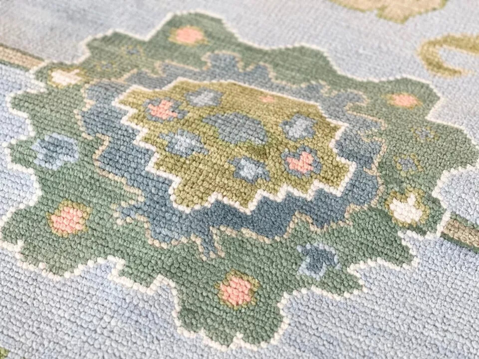 Green Blue Hand Knotted Oushak Rug Turkish Wool Area Carpet For Living Room 9x12