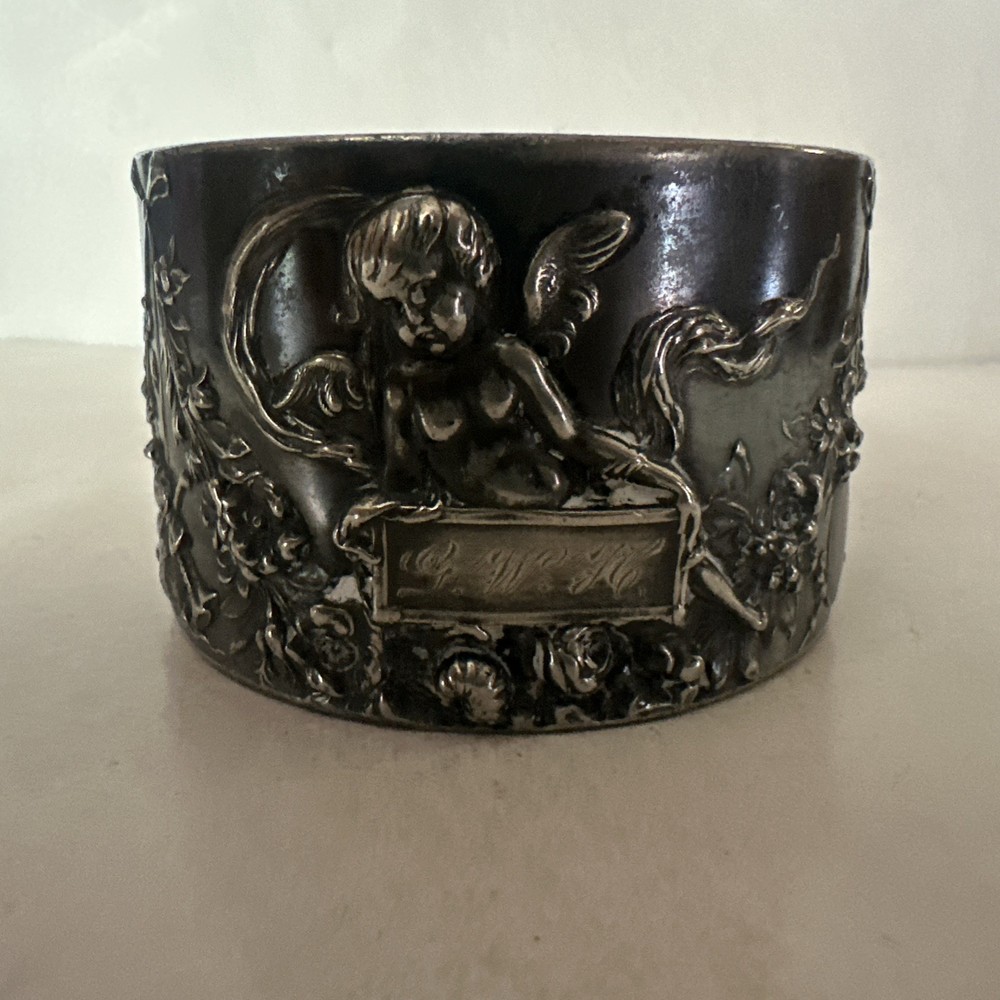 VTG Reed & Barton Silverplate Cup Mug Ornate Repoussé 1971 Gilt Floral Cherub