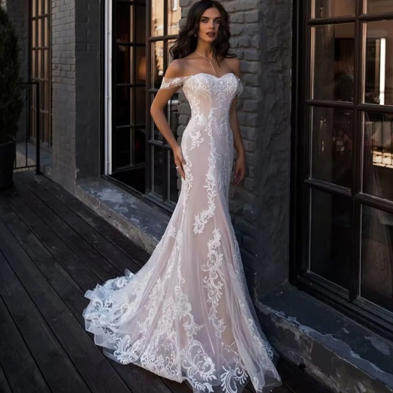 Sexy Mermaid Wedding Dress Off the Shoulder Sleeveless Applique Lace Bride Gown