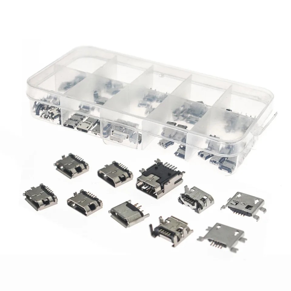 100PCS Micro & Mini USB Female Connector Kit 10 Models Charging Jack Set
