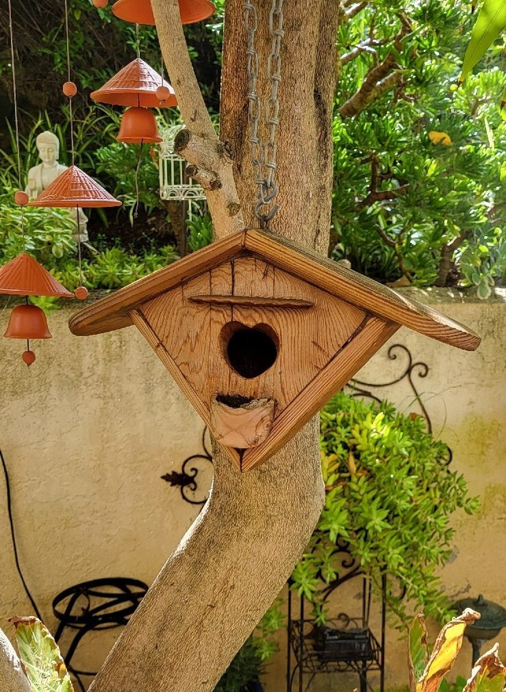 Vintage Triangular Hanging Birdhouse In Solid Oak, Heart Shaped Entry, Good Cond